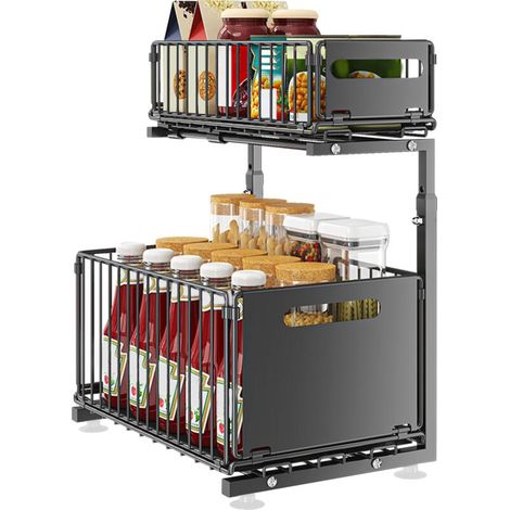 Étagère coulissante en L, 2 niveaux réglables, 26,5 x 38 x 48,5 cm, pour coin cuisine, sous évier, salle de bain - Design compact (1/5)