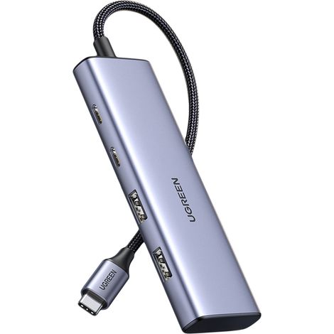 Adaptador de puerto HUB USB-C - 2x USB-A 2x USB-C 20cm gris (1/5)