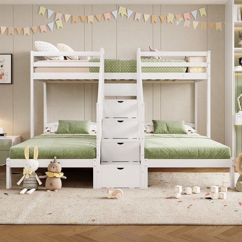 Lit superposé 3 couchages 90x200 cm, pin blanc, échelle escamotable avec tiroirs, barrière sécurité, norme EN 747 (sans Matelas) (1/5)