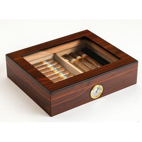 [NUNCA USADO]Humidificador de puros, caja de sobremesa de cedro con humidificador e higrómetro, tapa de cristal. Color nogal. (1/4)