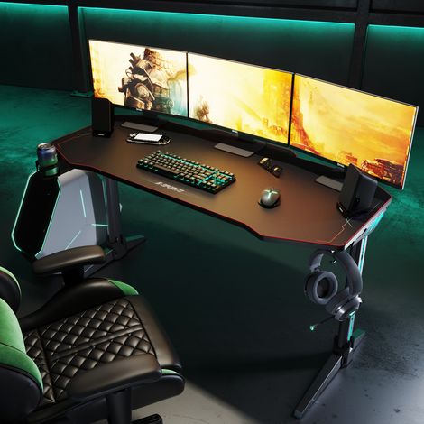 SONNI Gaming Table LED 140x60x75cm avec porte-boisson & porte-casque Table d'ordinateur noire avec tapis de souris 900x566mm (1/5)