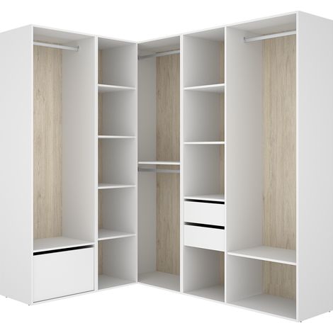 Armoire d’angle dressing ouverte avec 3 penderies, 2 tiroirs, porte chaussure intégrée et étagères de rangement - Hauteur 204,5 x Longueur 144,5 x Profondeur 186,3 cm (1/5)