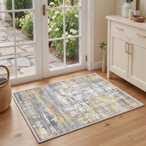 Abstrait Tapis de Couloir 60X90 cm, 0.85cm Poil Ras, 1200 g/m³ Polyester, Lavable en Machine, avec sous-Couche antidérapante TPE,pour Chambre,Salon,Cuisine,Tapis de Course,Vestibule,Grigio (1/5)