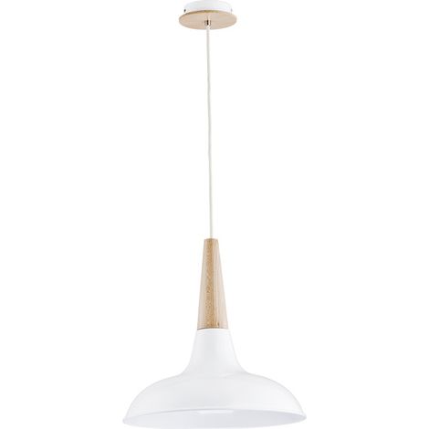 Alfa DORO Pendant Ceiling Lamp, White Metal with Light Wood Accents, Scandinavian Modern Hanging Light, 1x E27 (max 15W), 39.5 cm, Height 105 cm (1/3)
