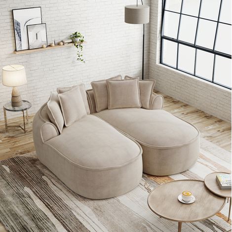 Canapé modulaire avec méridienne et coussins, en chenille taupe clair, 184x164x67 cm (1/5)