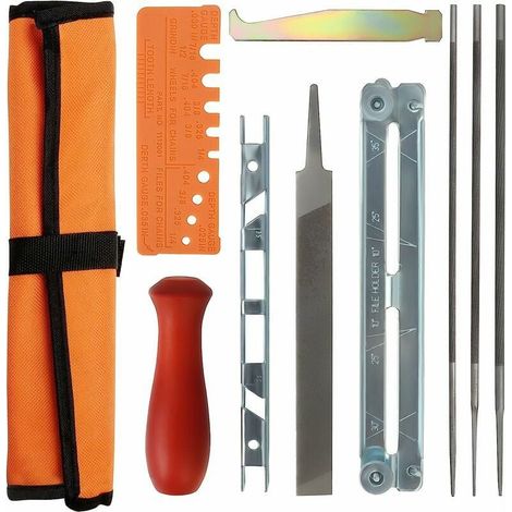Set d'outils d'affûtage pour tronçonneuse 10 pièces - 1 lime plate pour tronçonneuse, 3 lames rondes, tige en bois, jauge de profondeur, jauge de cont (1/5)