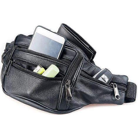 Sac banane en cuir véritable pour homme, idéal pour les voyages et les activités de plein air. Grand format, 7 poches, sacoche de poitrine avec pochette pour téléphone, parfait pour la course et le ca (1/5)
