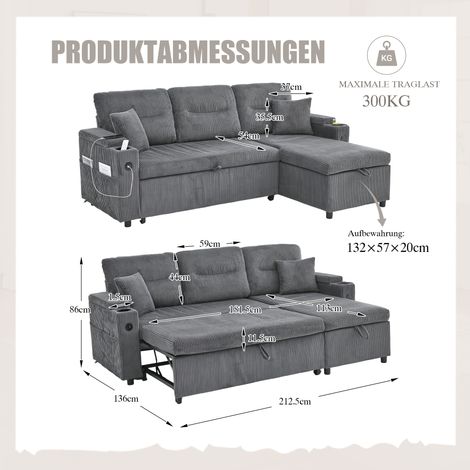 Canapé moderne 3 places en velours côtelé avec rangement,porte‑gobelets et USB‑C,chaise longue hydraulique et lit à tiroirs,design chaleureux. (1/5)