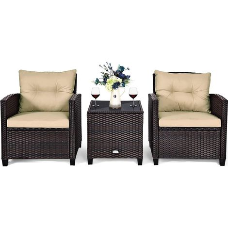 GOPLUS Set di Mobili da Esterno in Rattan e Vetro Temperato, Set di Mobili da Giardino con 2 Poltrone, Tavolino e 4 Cuscini Morbidi e Lavabili, Ideali per Cortile, Giardino e Terrazzo (Beige)