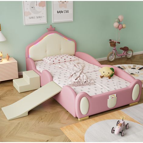 Letto per bambini imbottito in PU rosa e beige 90x200 cm con scivolo, scala, LED multicolore e rete a doghe (1/4)
