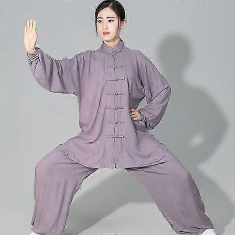 Uniforme d'arts martiaux Tai Chi Kung Fu Wushu en coton doux, comprenant une veste et un pantalon Wing Chun gris. (1/5)