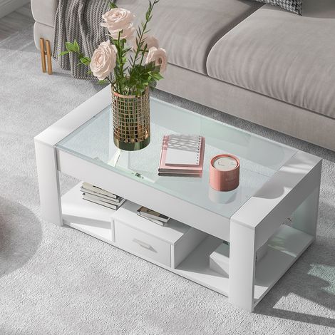 Modernluxe – Table basse fixe rectangulaire avec tiroir – Plateau en verre – Dimensions 100x50x40 cm – Espace de rangement pour magazines (1/5)