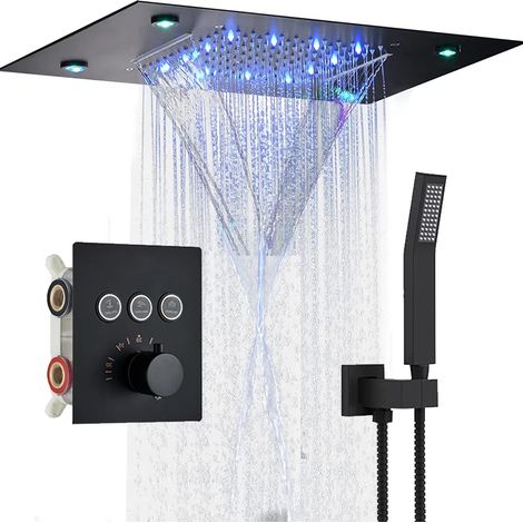 Système de douche thermostatique MOORLE avec affichage numérique, pommeau de douche de tête à effet cascade LED 35,5 x 51 cm (1/5)
