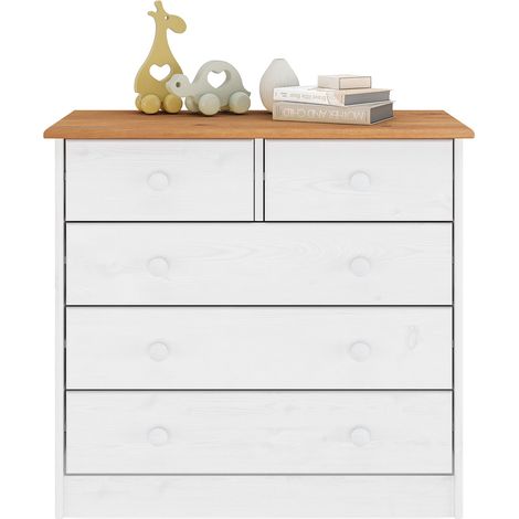 Idimex – Commode enfant en pin massif lasurée blanc/brun – 5 tiroirs sur rails plastiques – Dimensions 74x79x35 cm (H x L x P)