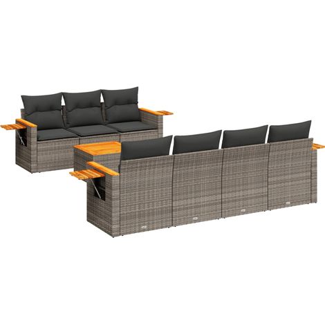 Salon de jardin 8 pcs Mobilier de jardin avec coussins gris résine tressée (1/5)