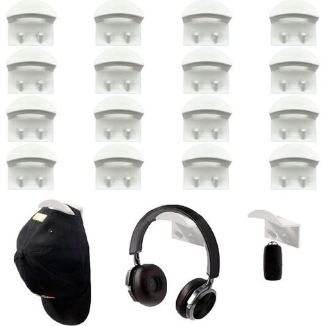 Porte-chapeaux 16 pièces - Support mural - Crochets adhésifs - Fixation murale - Idéal pour portes, murs, placards, chambres, salles de bain - Blanc (1/5)