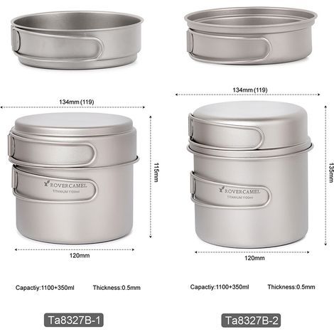 Ensemble de cuisine en titane ultraléger, batterie de cuisine de Camping en plein air, casserole de 1100ml et poêle à frire de 350ml avec poignées pliantes (1/5)