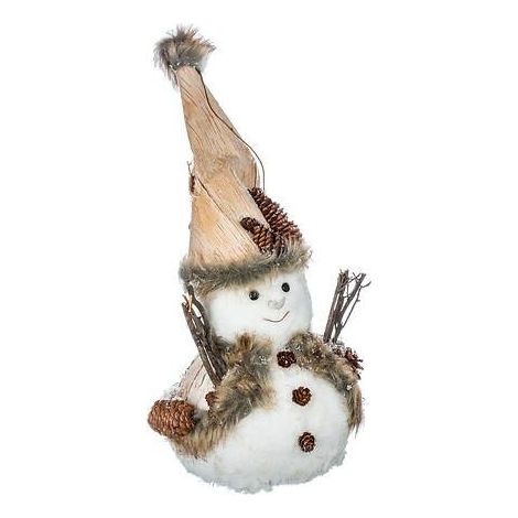 Figura MUÑECO DE NIEVE 32 cm blanco FABRICADO EN MADERA Y CORTEZA