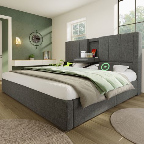Cama doble 140x190 cm con almacenaje cabecero oculto con cargador y portavasos lino gris (Sin colchón) (1/5)