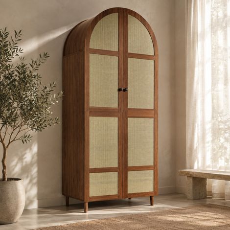 Armoire 80 x 50 x 179 cm avec penderie, tiroir et porte en rotin, noyer OKMYHOME (1/5)
