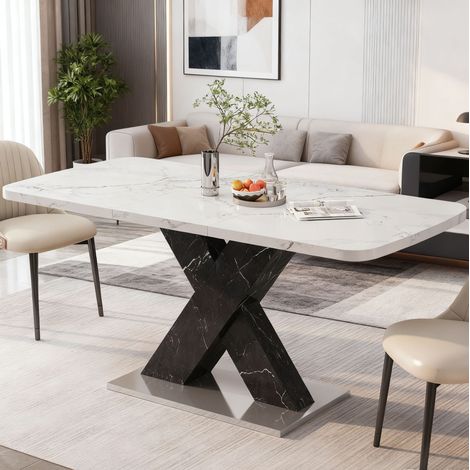 REDOM Tavolo da pranzo 160x80x76.5 cm, estensibile, piano effetto marmo bianco, MDF e acciaio, bianco e nero (1/5)