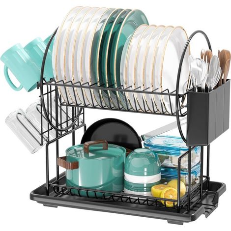 Escurridor de platos de acero inoxidable negro de 2 niveles con soporte para utensilios y bandeja recogegotas. (1/5)