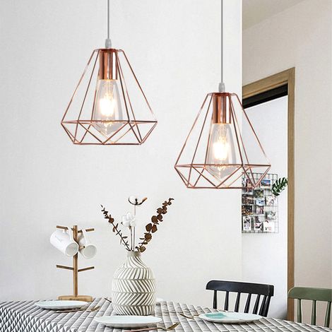 Lampada a Sospensione, Vintage Lampadario da Soffitto in Metallo, Ø20cm Diamante Paralume con E27 Base per Soggiorno Camera da Letto a Isola Cucina (2X Oro Rosa) (1/5)