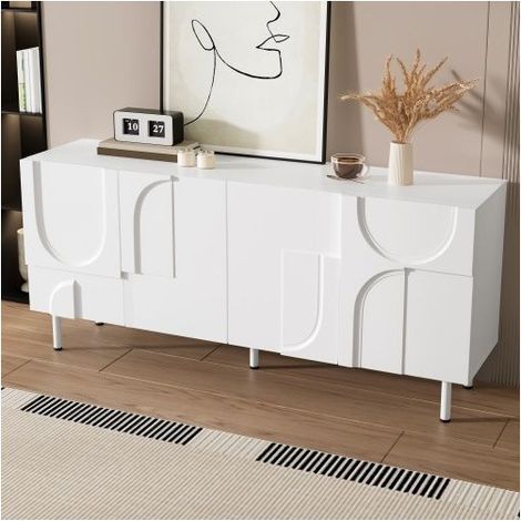 Buffet 150x38.5x70cm Style Moderne Blanc - Enfilade - Portes Courbes Irrégulières Charnières Silencieuses Pieds Métalliques Robustes (1/5)