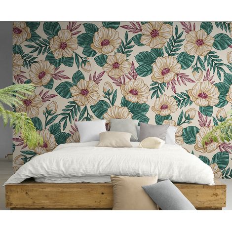 Papier Peint Rétro - Fleurs Pastel en Motif Classique - 150 x 250 cm (1/2)