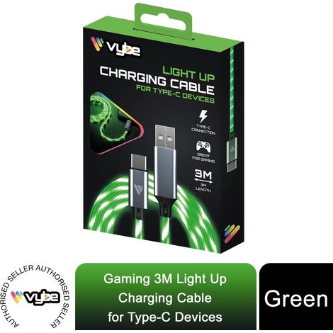 Vybe 3m USB C Charging Cable LED Light Up Fast Charge Gaming Cable Green (1/5)