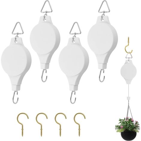 4pcs Crochet Suspension Plante Poulies Rétractables pour Plantes Poulies pour Suspendre des Plantes Convient pour Pots de Fleurs de Jardin, Jardinières Suspendues, Mangeoires à Oiseaux (Blanc) (1/5)
