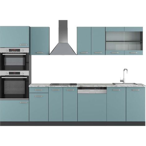 Mueble de cocina R-Line, Gris azulado/antracita, 300 cm con armario alto, ET Mármol, Vicco