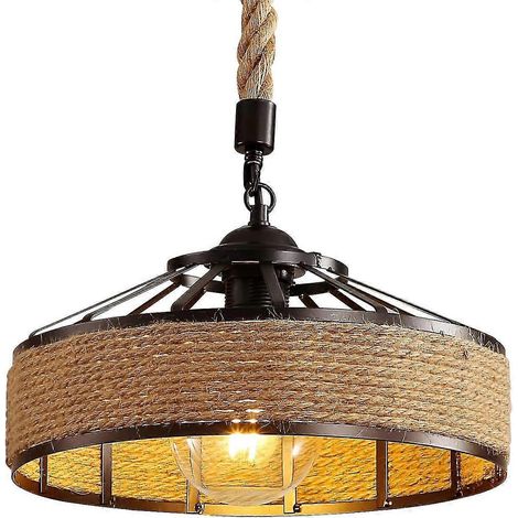 Kronleuchter aus Hanfseil, Retro-Pendelleuchte aus schwarzem Metall, Hängeleuchte im Landhausstil, industrielle E27-Pendelleuchte für Wohnzimmer oder Schlafzimmer