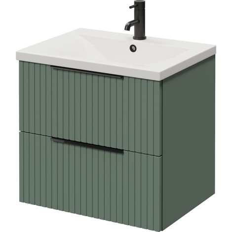 Helix 460 Fluted Satin Green 600mm Wall Mounted 2 Drawer Vanity Unit with Glide Basin