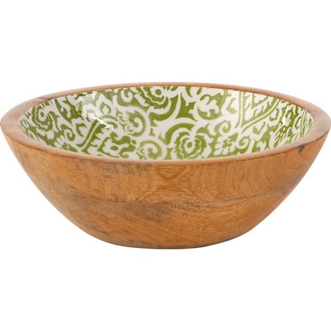 Bol en manguier décoré vert et blanc 19 cm