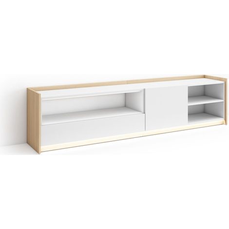 Skraut Home - Mueble TV, Televisión, Muebles de salón, almacenaje, 207x37x50cm, Para TV hasta 80", LED, Estilo Moderno, Blanco y roble soft (1/5)