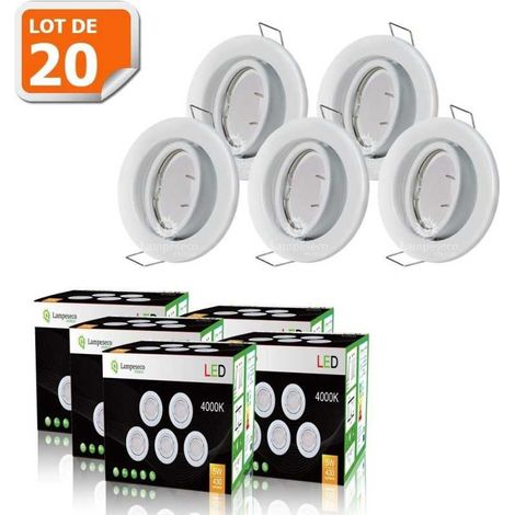 Lampesecoenergie – Lot de 20 spots LED encastrables orientables blanc neutre – Ampoules GU10 5W équivalent 50W – Installation facile 230V – Angle de diffusion 120° (1/5)