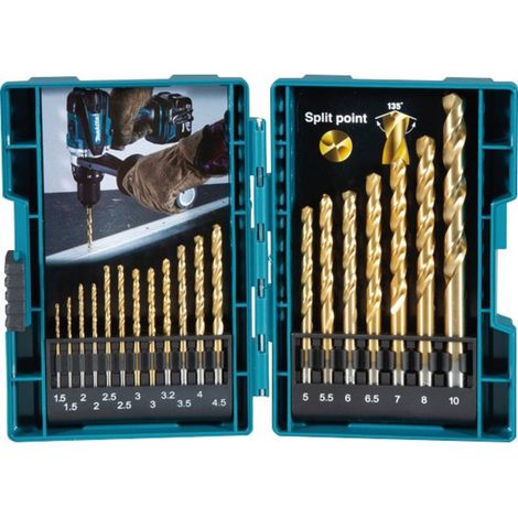 Makita – Foret à métaux HSS-Tin – Coffret de 19 pièces – Pour métal – Coupe nette sans éclat – Compatible perceuses standards