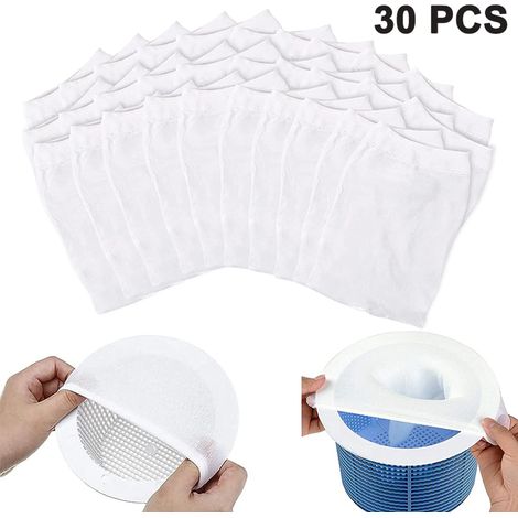 Confezione da 30 filtri skimmer per piscina, coperture per filtri, cestelli skimmer in nylon, rimuovono foglie, polline, schiuma, sedimenti e olio. (1/4)