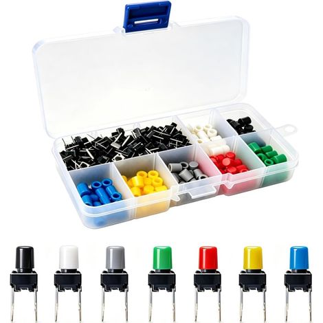 105PCS 6×6×8mm Coloré Tactile Bouton-Poussoir,Micro Momentanée Tact Assortiment Kit avec 7Couleurs Bouton Caps (Chaque Couleur 15pcs) (1/5)
