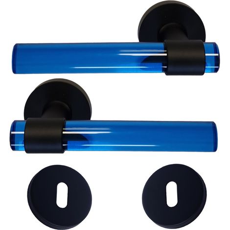 Tiradores de puerta de cristal plexiglás «JOY» AZUL con patas de acero inoxidable negro.  +1 Pareja de rosas con agujero de llave (1/2)