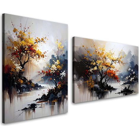 Tableaux sur toile lot  Paysage coloré arbres rivière nature 2 x 20x30