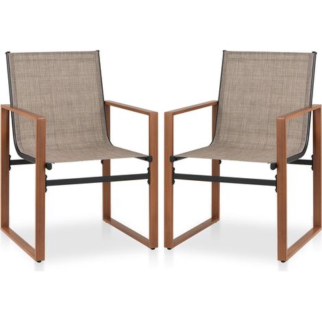 Confort d'Assise Repas Extérieur Lot de 2 Fauteuils de Jardin Tissu Respirant avec Accoudoirs Effet Bois Marron (1/5)