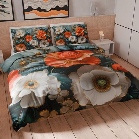 Housse de Couette 1,5 Place 200x200 cm (2 Taies 75x50 cm Incluses), Parure en Microfibre Imprimée Floral 05 18 - Fabriqué en Italie (1/5)