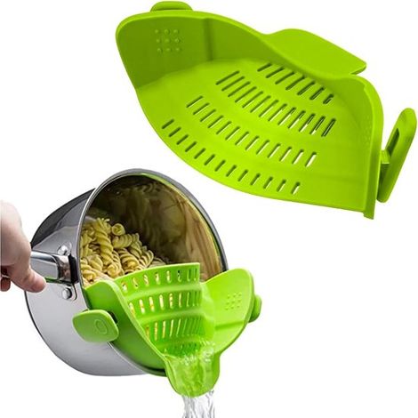 Scolapasta in silicone con chiusura a scatto, resistente al calore, lavabile in lavastoviglie, per scolare pasta, verdure e frutta (verdure a foglia verde). (1/5)