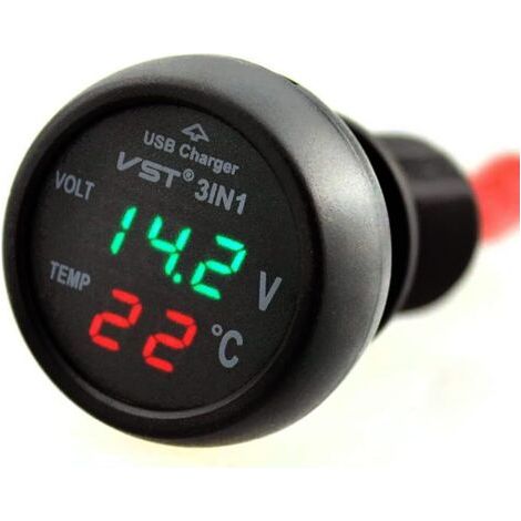 Voltmètre de voiture, thermomètre de voiture 3 en 1 12-24 V, chargeur USB, voltmètre avec écran LCD numérique
