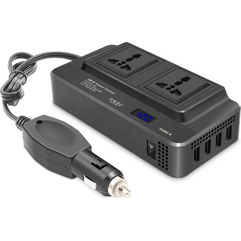 Convertitore per auto da 200 W, da 12 V a 220 V, con quattro porte USB e due prese.