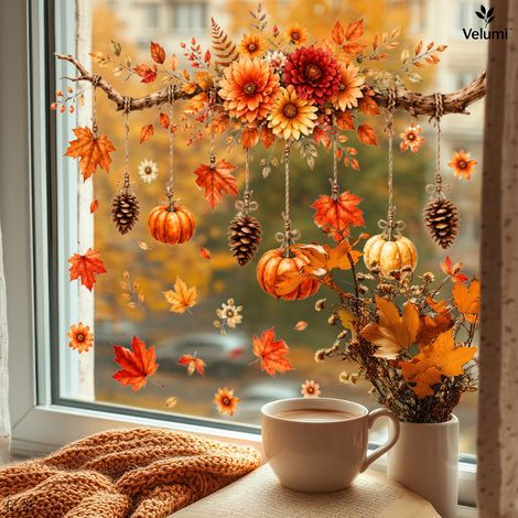 1 pièce Sticker fenêtre automne double face, décoration vitres avec citrouille, feuilles et fleurs pour Halloween (1/5)