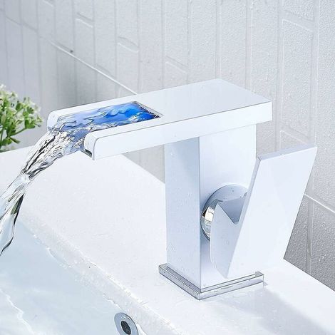 Cascade LED Robinet de salle de bain (Blanc) Cascade Chaud Froid Comptoir Lavabo Lavabo Salle De Bains Robinet (1/5)