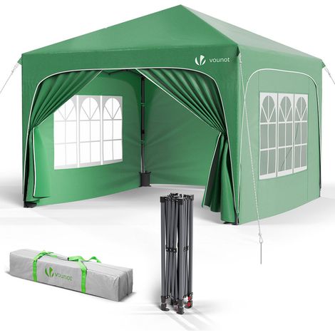 Vounot – Tonnelle de jardin pliable 3x3m – Imperméable 100% polyester – 4 parois amovibles avec fenêtres – Hauteur réglable – Structure acier robuste